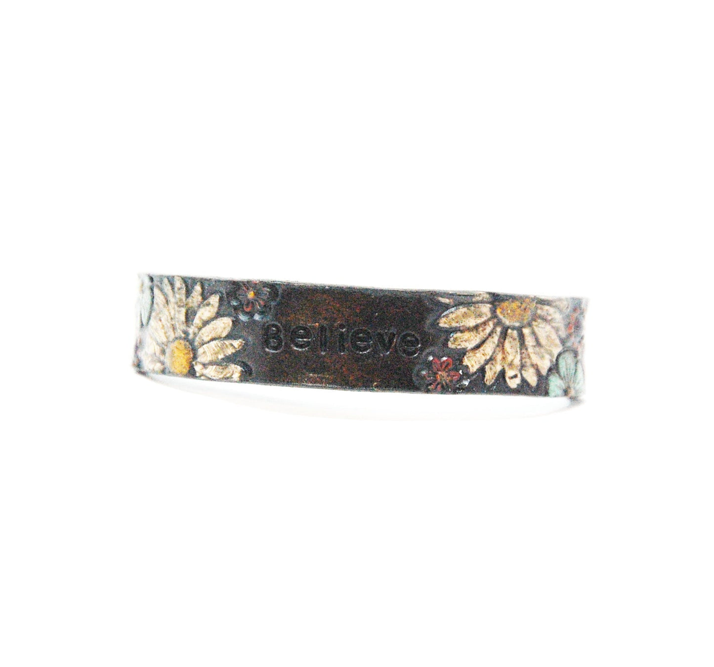 Stamped Word and Flower Handpainted Bracelets Rich Brown With Red Roses