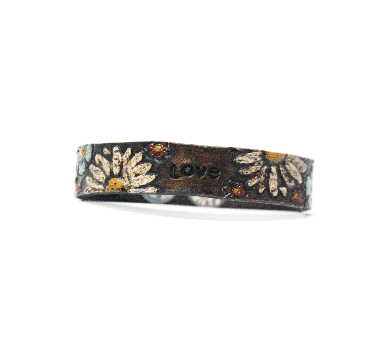 Stamped Word and Flower Handpainted Bracelets Rich Brown With Red Roses