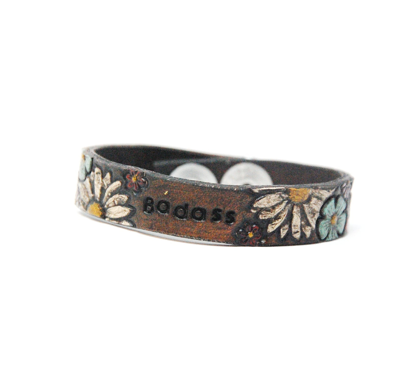 Stamped Word and Flower Handpainted Bracelets Rich Brown With Red Roses