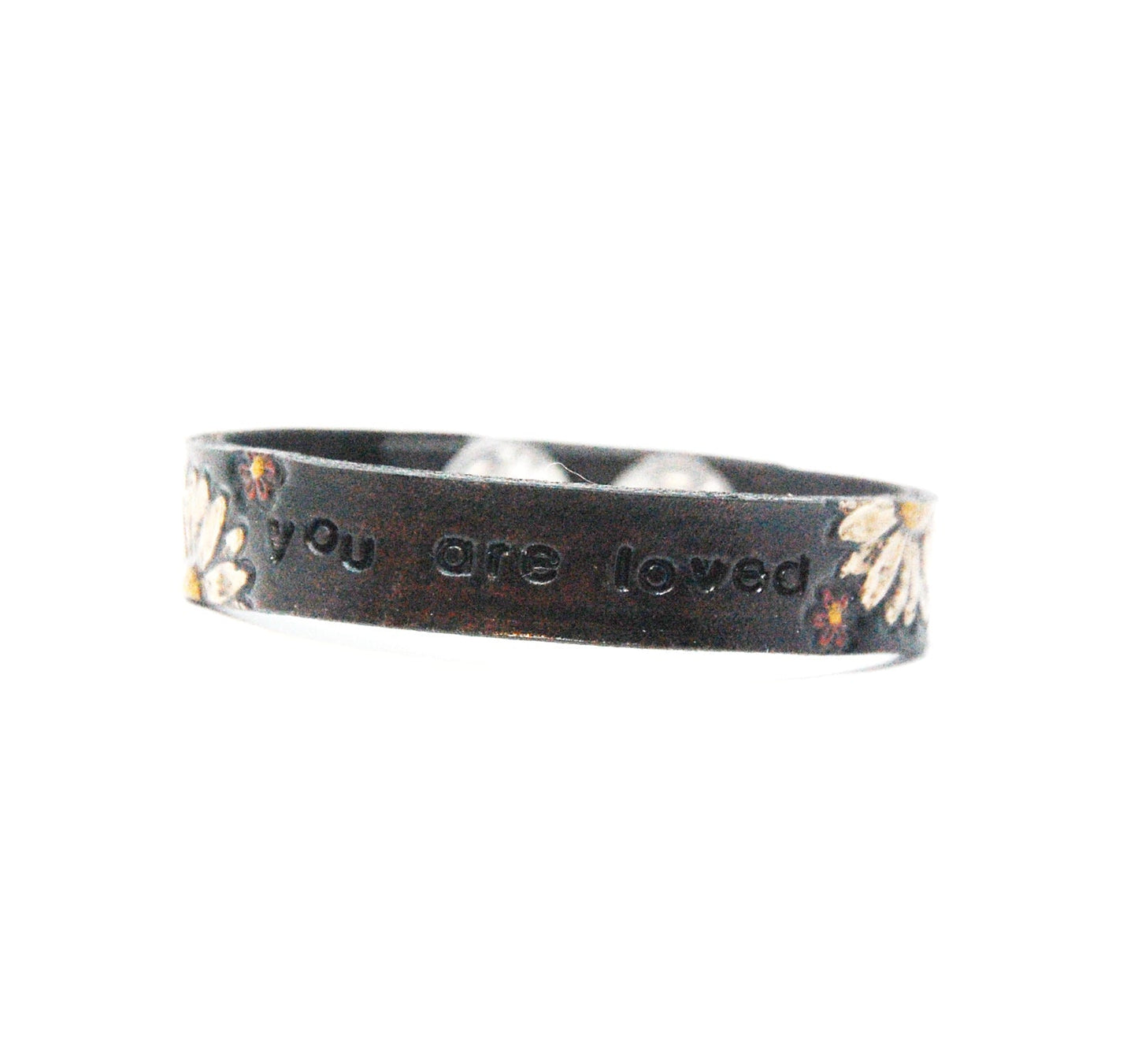 Stamped Word and Flower Handpainted Bracelets Rich Brown With Red Roses