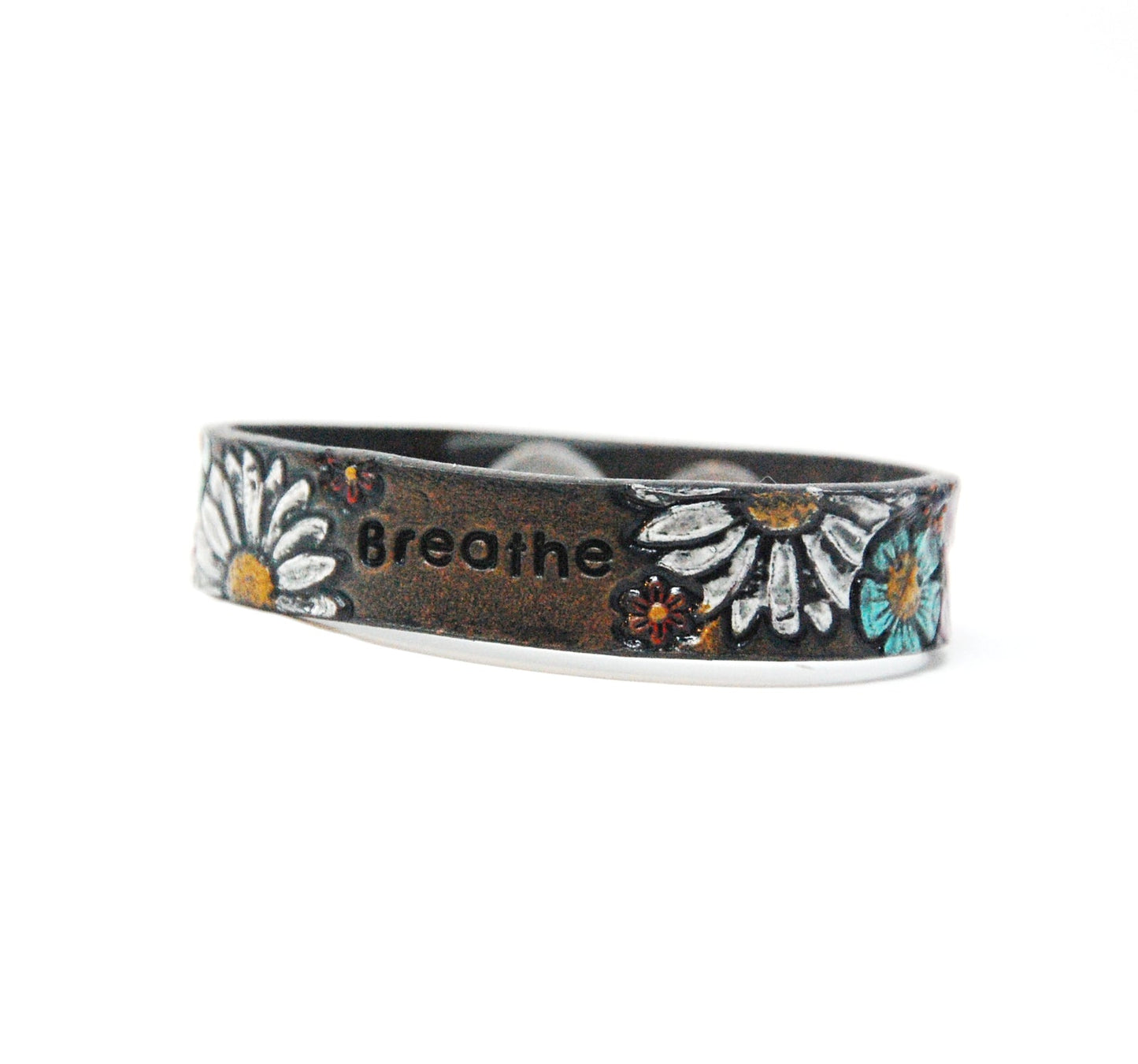 Stamped Word and Flower Handpainted Bracelets Smoke Black with Pink Roses