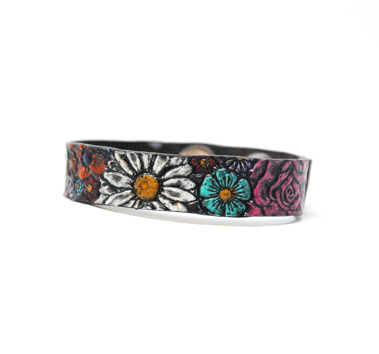 Stamped Word and Flower Handpainted Bracelets Smoke Black with Pink Roses