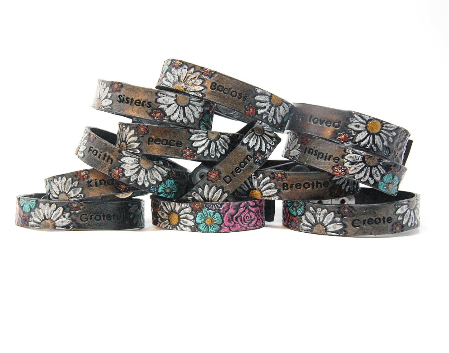 Stamped Word and Flower Handpainted Bracelets Smoke Black with Pink Roses