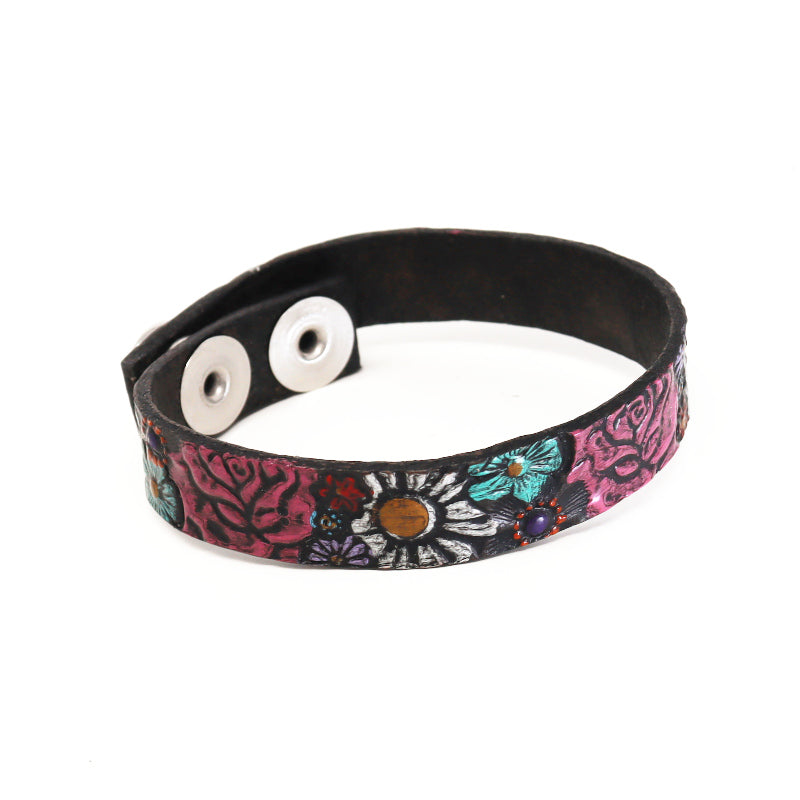 Stamped Word and Flower Handpainted Bracelets Smoke Black with Pink Roses