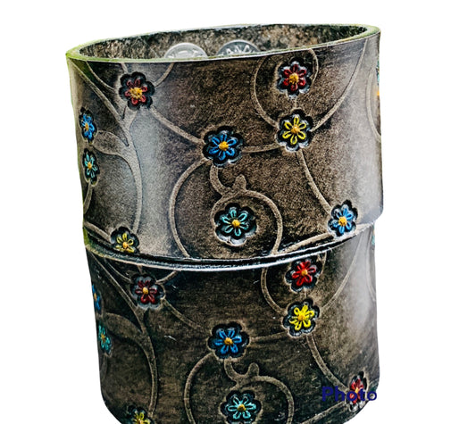 Embossed Swirl and Stamped Flower Cuffs - Leather