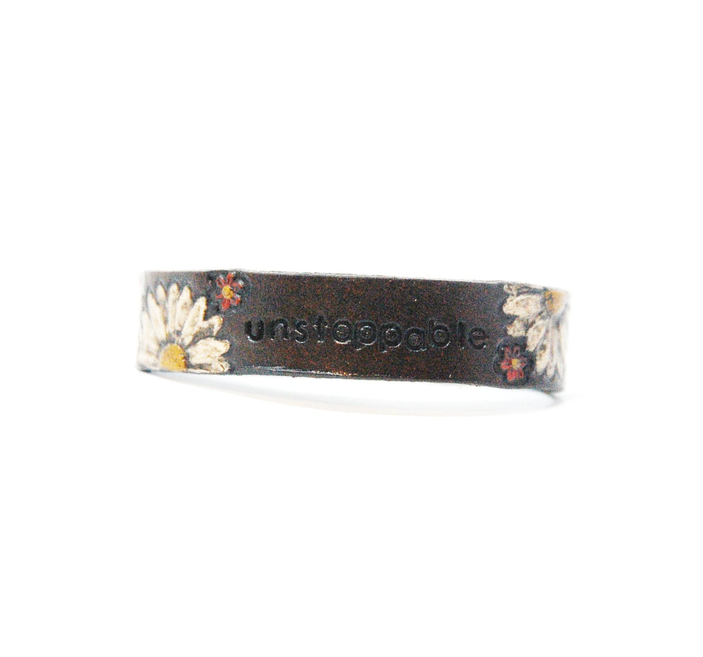 Stamped Word and Flower Handpainted Bracelets Rich Brown With Red Roses
