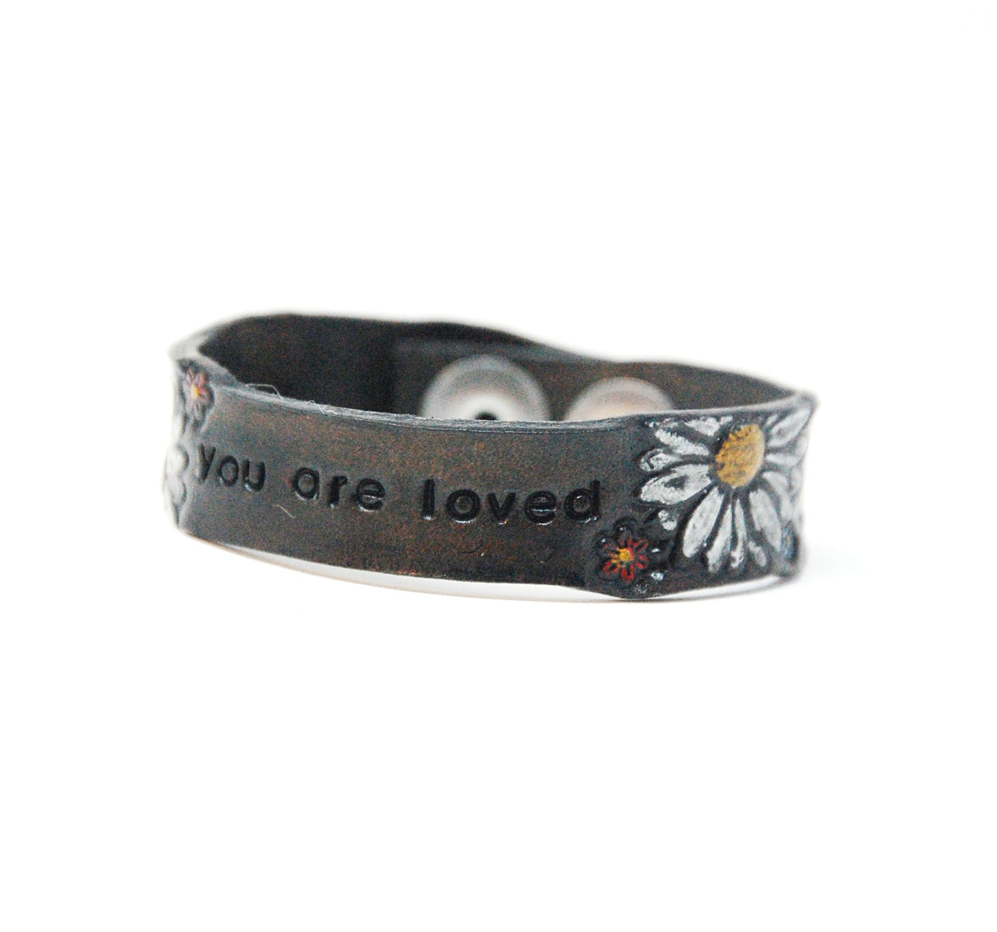 Stamped Word and Flower Handpainted Bracelets Smoke Black with Pink Roses