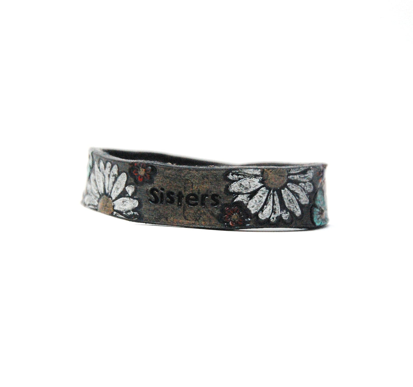 Stamped Word and Flower Handpainted Bracelets Smoke Black with Pink Roses