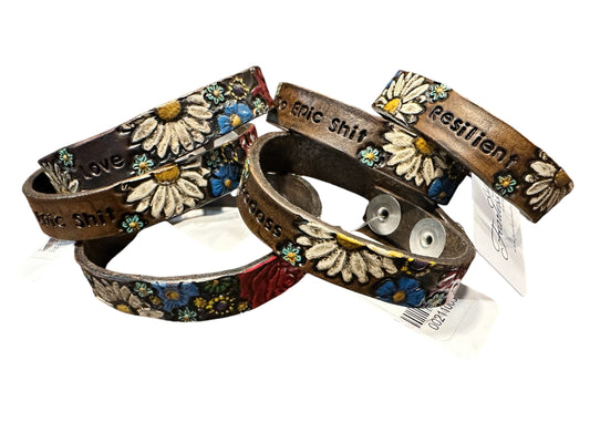 Stamped Word and Flower Handpainted Bracelets Rich Brown With Red Roses