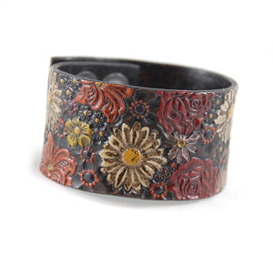 SF1 - Stamped Flower Leather Cuff 1 1/2" Wide - Fearless hART